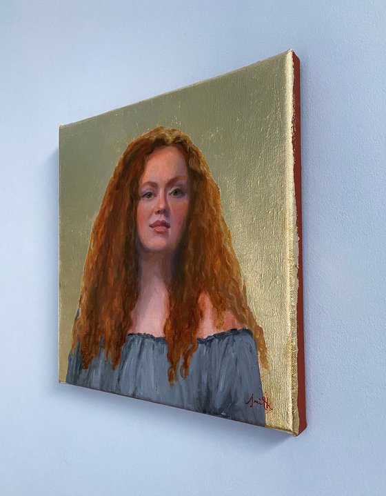 Classical Redhead Portrait with Gold-leaf : Contemporary Oil Painting.