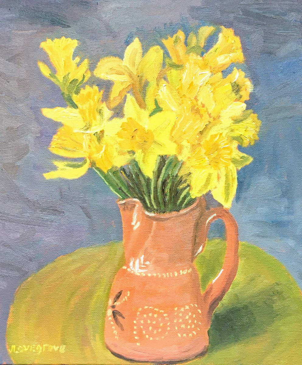 Daffodills in an antique jug - oil painting by Julian Lovegrove Art