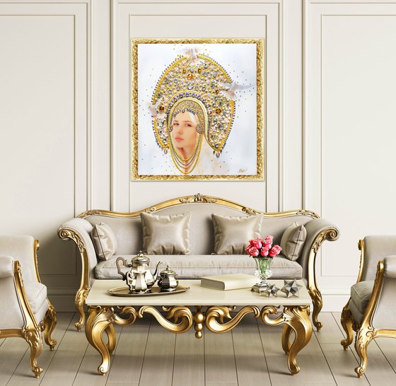 Custom portrait from a photo Queen \ Princess. Art commission. Large painting, mixed media photo collage with precious stones, rhinestones