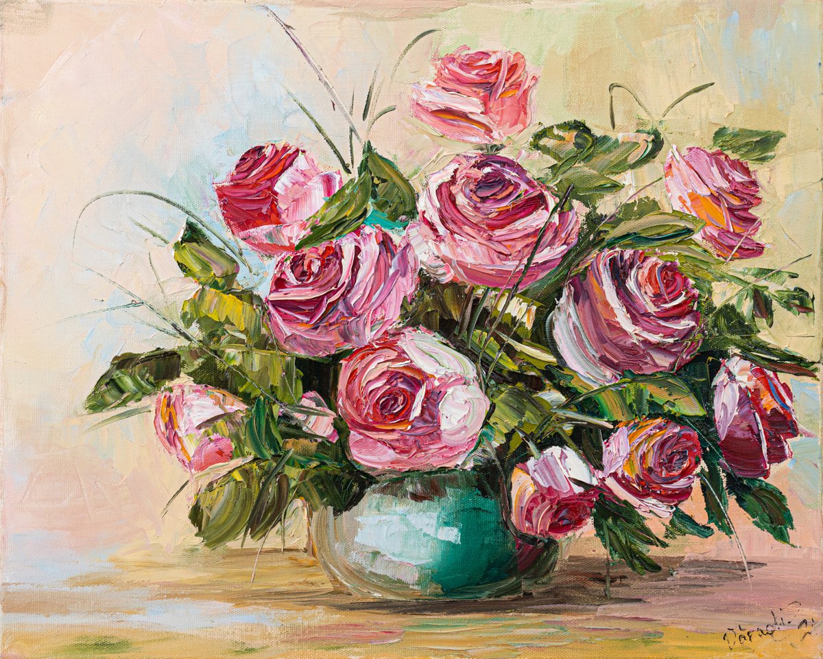 Pink roses in a vase by Catherine Varadi