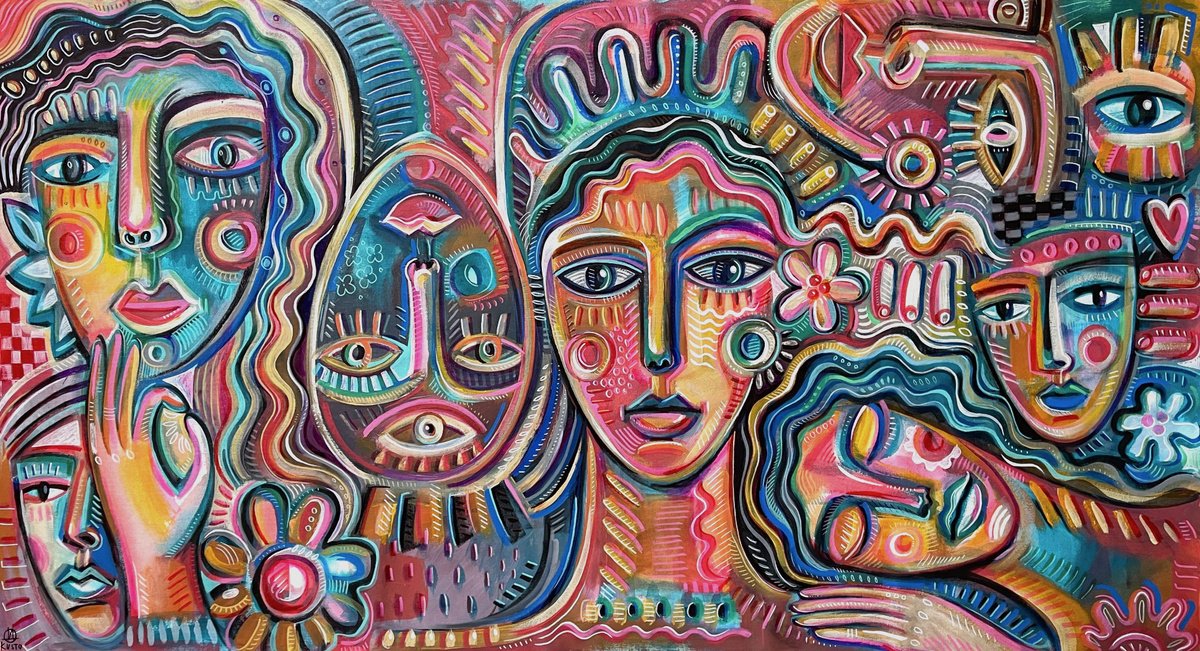 Abstract Portrait Acrylic Painting By Daria Kusto, 68 X 37, Fl0W Of Eternity, Original Artwork