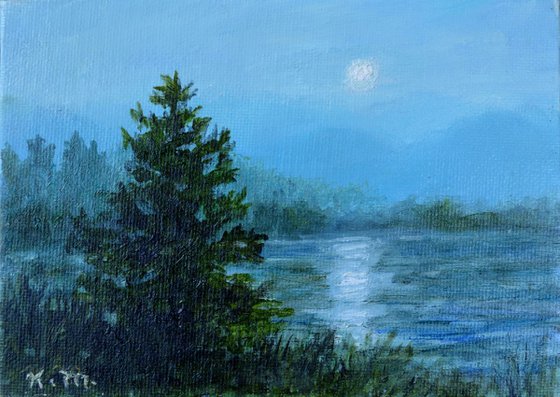 Moonlight Study # 2 - framed 5X7 inch oil painting by K. McDermott (SOLD)