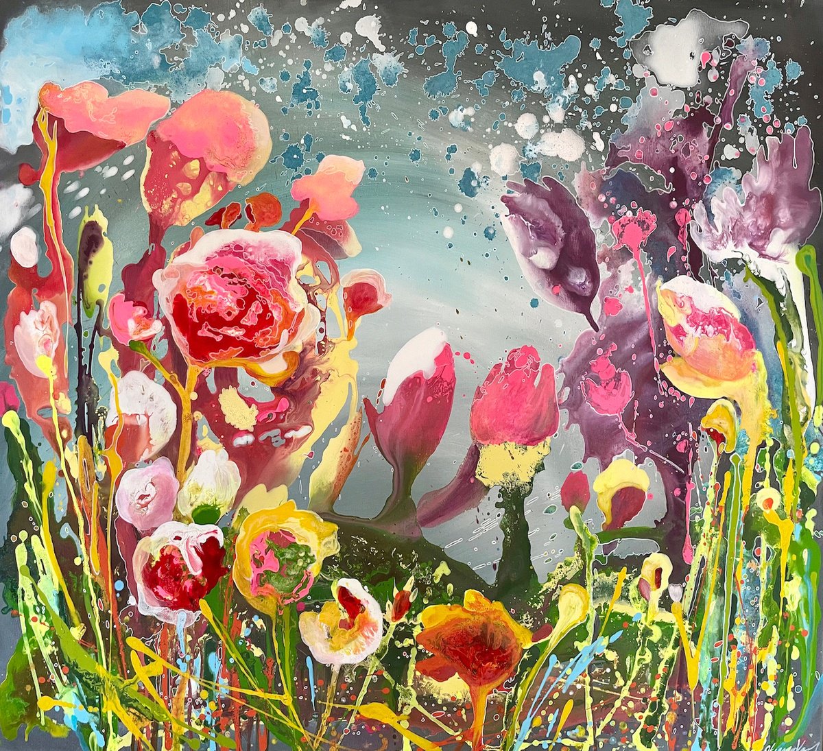 Abstract Botanical Acrylic Painting By Oksana Vasylyeva, 47 X 43", Dialogue, Original Artwork