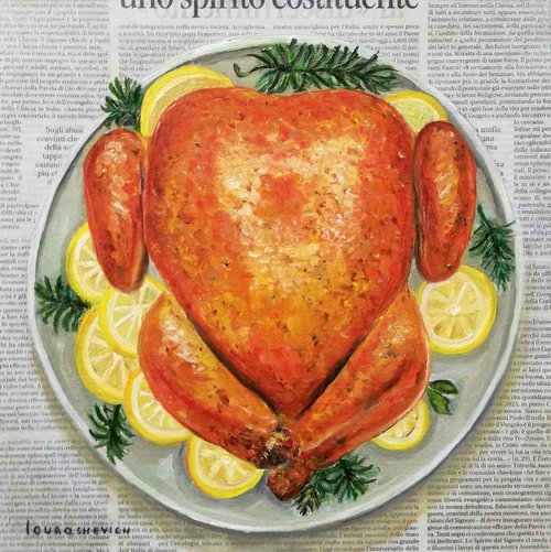 "Roasted Turkey in a Plate on Newspaper" Original Oil on Canvas Board 12 by 12 inches (30x30 cm) by Katia Ricci