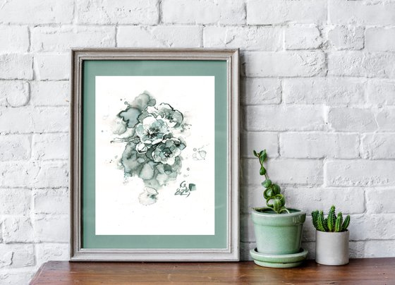 "Spring Blossom" abstract composition in ink monochrome gray-blue-green tones