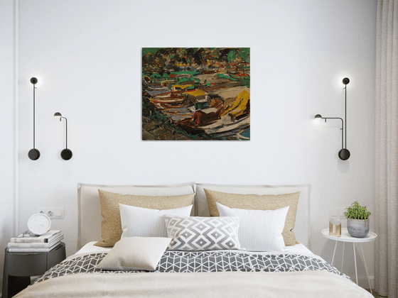 MARMARIS BOATS. TURKEY - Oil on canvas original painting, marina landscape, seascape, sea, boat  60x70