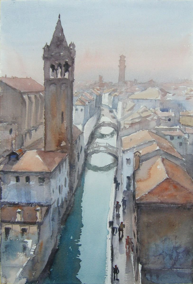 Cityscapes Watercolour By Goran Zigolic Watercolors, 15 X 22, Venice Roofs, Original Artwork