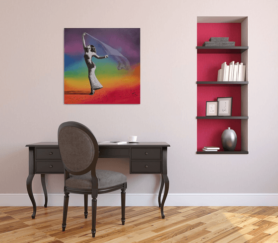 "Lost in a moment" - Spray paint, street art / pop art graffiti canvas depicting a Woman Dancing with vail / scarf in a Banksy style.