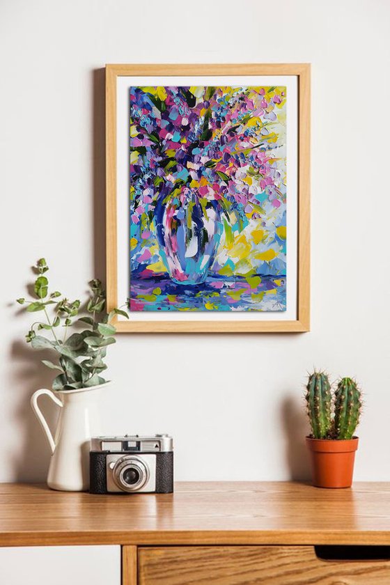 In the rays of the spring sun - oil painting, lilac, lilac bouquet, flowers, flowers oil painting