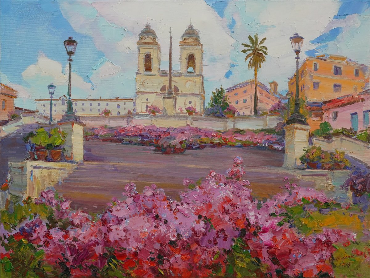 Impressionistic Cityscapes Oil Painting By Alisa Onipchenko-Cherniakovska, 24 X 18, Trinita Dei Monti In Rome, Original Artwork