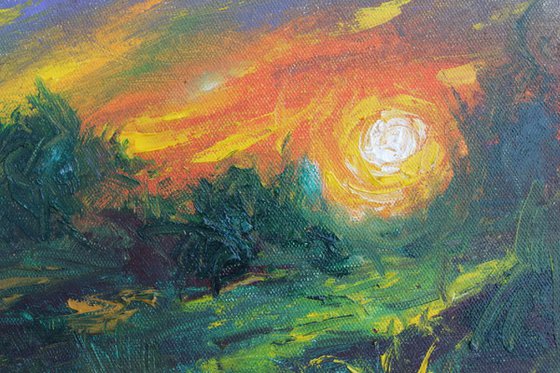Evening Bliss - Oil painting landscape - impressionistic artwork - sunset -