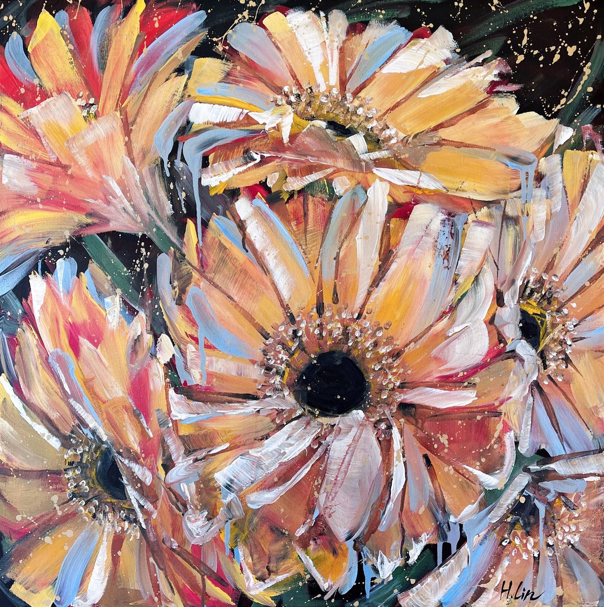 Expressive Botanical Acrylic Painting By Hsin Lin, 30 X 30, Let All That We Do Be Done In Love, Original Artwork