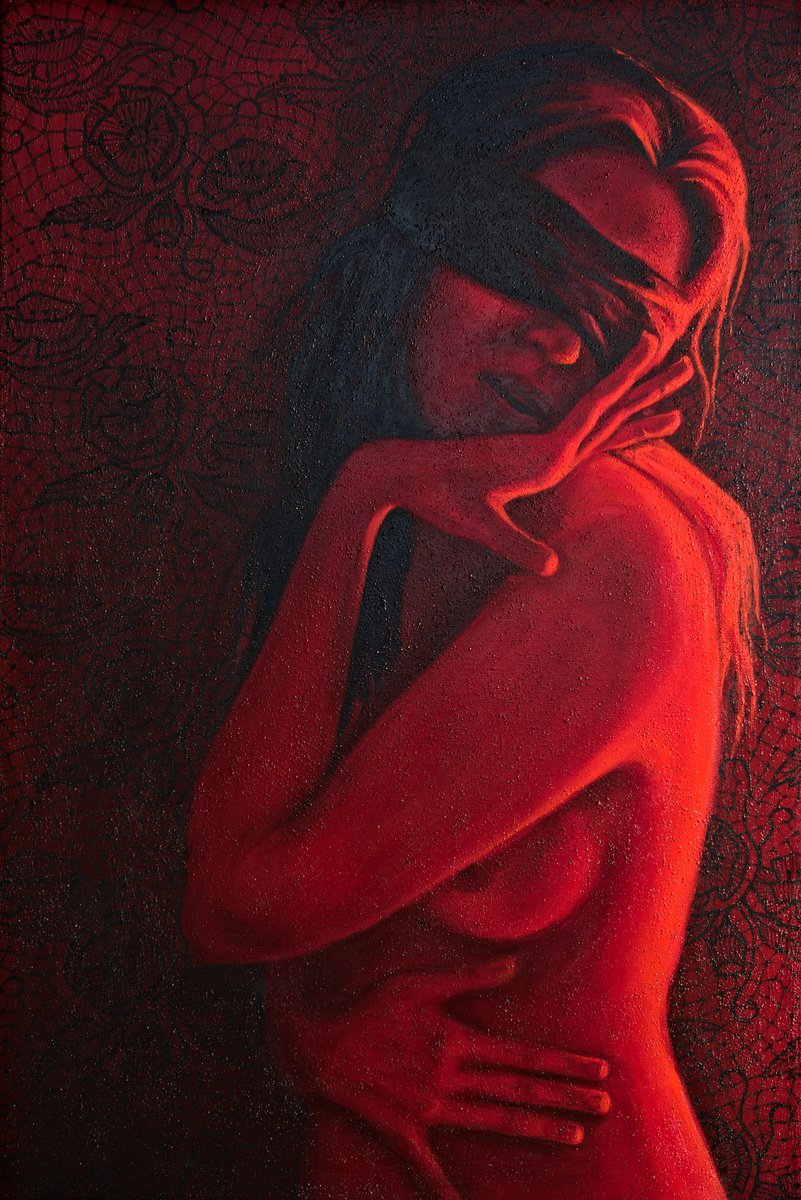 Expressive Portrait Oil Painting By Artmoods Tp, 24 X 35, Black Lace, Original Artwork