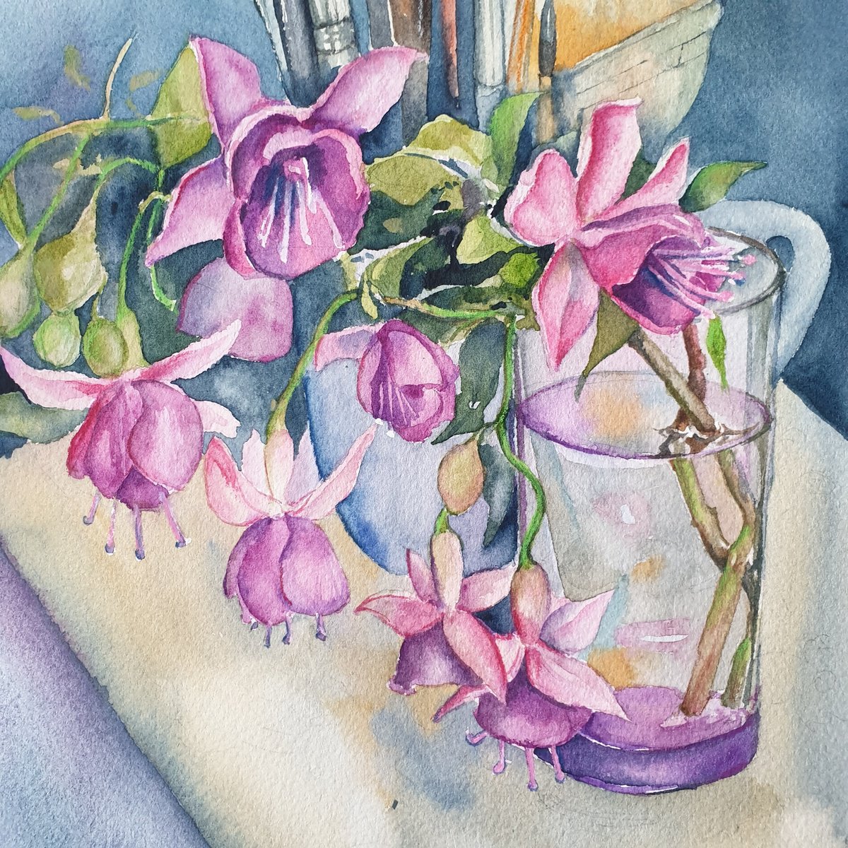 Expressive Still Life Drawing By Ksenia June, 9 X 12", Fushia Flowers On Painter