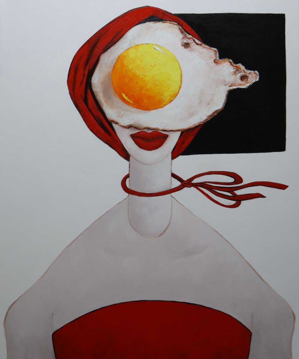 Egg girl in red on a windy day by Ta Byrne