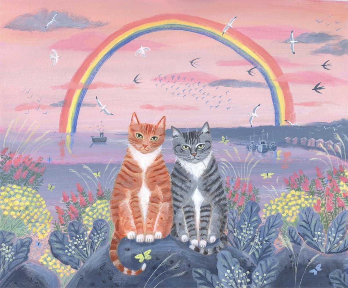 Illustrative Acrylic Painting , Rainbow Cats By Mary Stubberfield, 19 X 15, Artwork For Sale On Artfinder