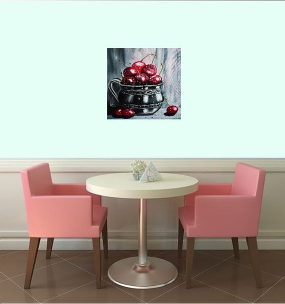 Cherries obsession, still life, fruit, original canvas painting, oil art, wall decor