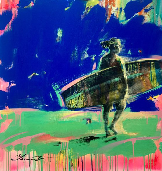 Bright seascape - "SURF" - Pop Art - Urban Art - Surfer - Sunset - Ocean beach - Surfing - Blue&Green