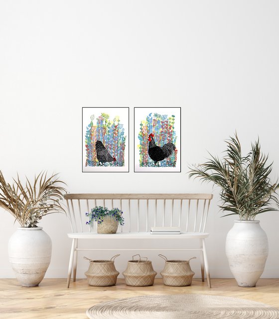 Rooster and Hen print set