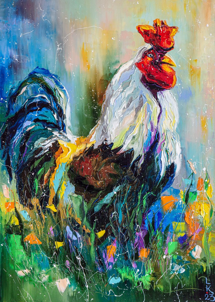 Impressionistic Animal Oil Painting By Liubov Kuptsova, 20 X 28", Cute Rooster, Original Artwork