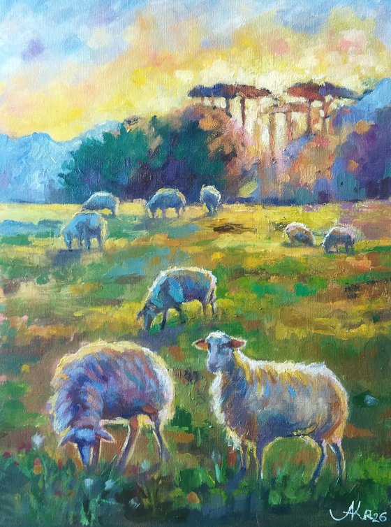 Sunlit Meadow with Sheep