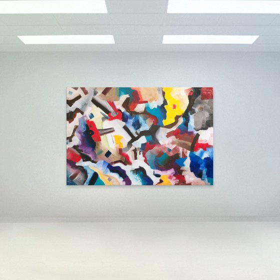 Signature on red square -Large Abstract Painting