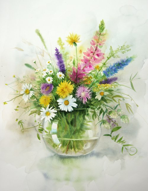 Wildflowers - bouquet of wildflowers - chamomile  - summer flowers by Olga Beliaeva Watercolour