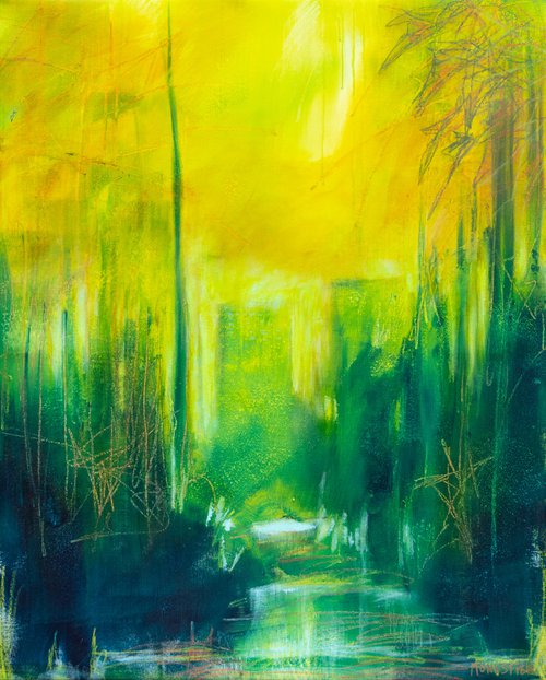 City night lights - modern  - contemporary urban - figurative large size READY TO HANG Wall art interior decor Home design decoration pop green yellow buildings town by Fabienne Monestier