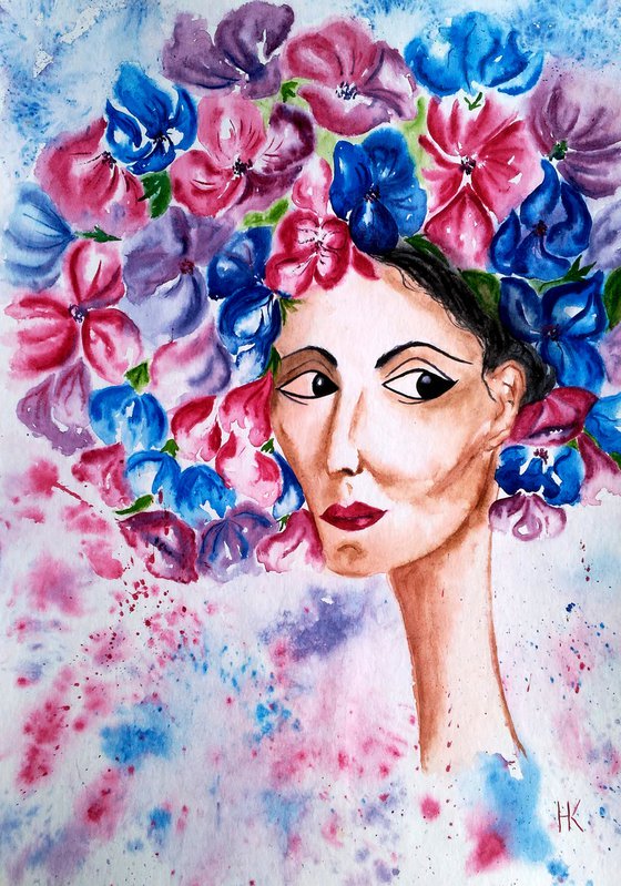 Flower Head Painting Woman Original Art Female Portrait Watercolor Flower Hat Artwork Floral Lady Wall Art 12 by 17" by Halyna Kirichenko