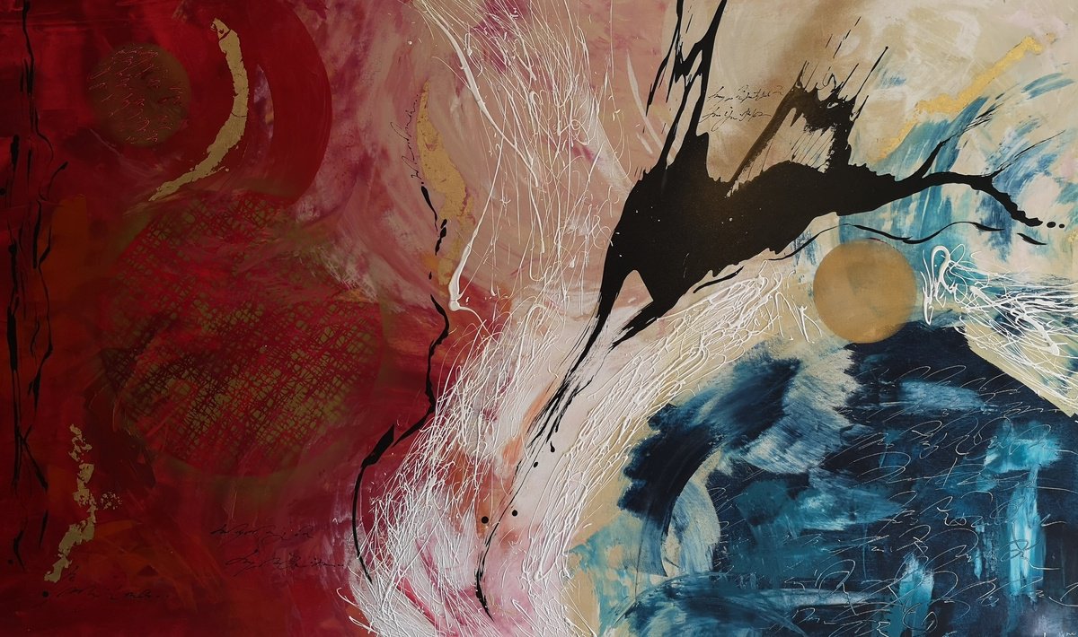 Abstract Acrylic Painting By Ivana Urso, 59 X 35, Three Sparkling Spheres, Original Artwork