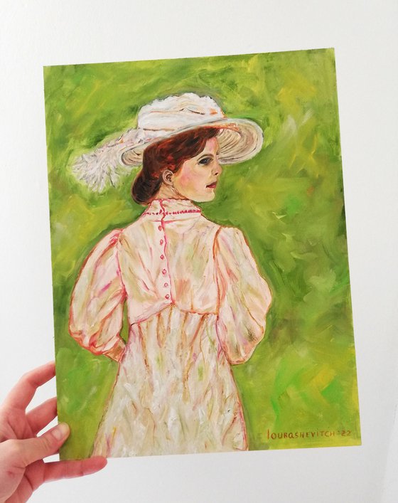 Victorian Lady Original Painting Vintage Style Noble Woman Strolling Elegance 12 by 16"