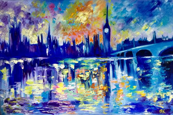 Sunset  in London. Big Ben. House of Parliament.  LARGE OIL PAINTING