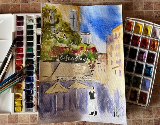 Paris Painting Cafe de Flore Original Art Cityscape Watercolor Europe Artwork Travelling Wall Art 9 by 12,5" by Halyna Kirichenko