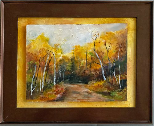 Realistic Original Oil Painting Fall Landscape image 7x9 Copper Frame 12x14 by Mary Gullette