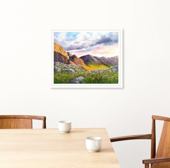 Mountain landscape. Impressionist mountain view, oil painting on canvas