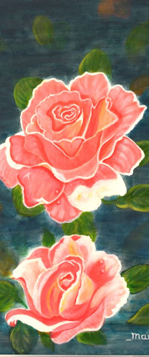 Roses in the pond a colorful acrylic painting and special floral gift idea on sale by Manjiri Kanvinde