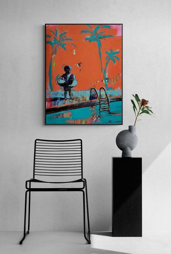 Bright summer painting - "Small swimmer" - Pop Art - Pool - Palms - Landscape - California - Nature - Orange&Blue