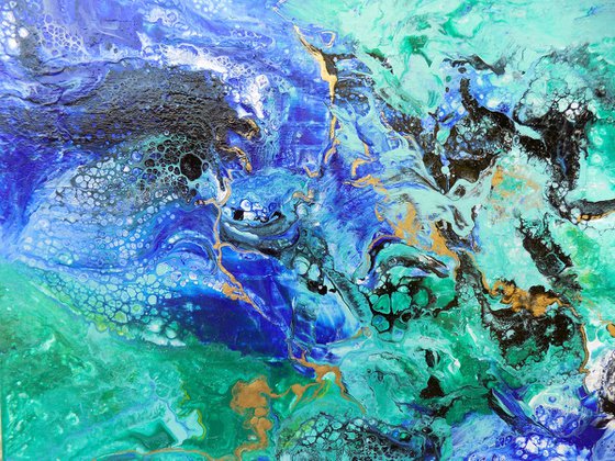 Modern abstract art blue green gold metallic painting, Summer vibes