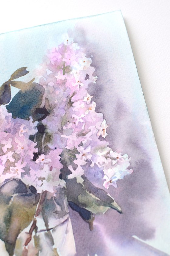 Lilac branch in a glass, Watercolor spring