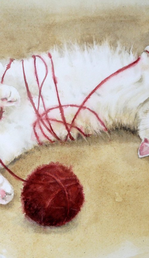 White Cat Playing with Ball of by Olga Beliaeva Watercolour