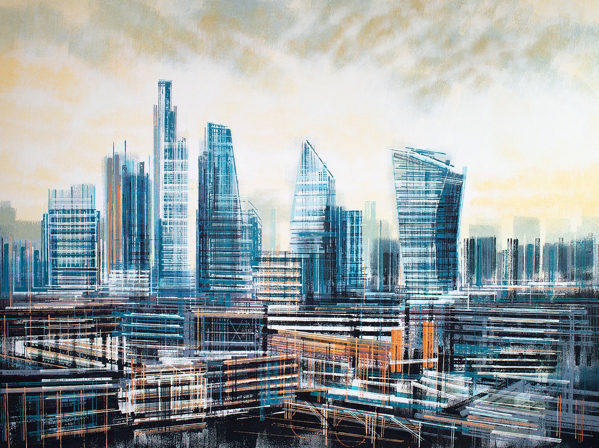 Impressionistic Cityscapes Acrylic Painting By Marc Todd, 40 X 30", London City Skyline At Dusk, Original Artwork