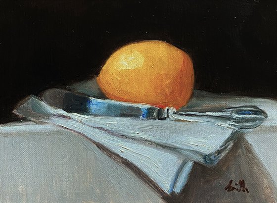 Lemon, linen and silver knife Original Oil Still Life Painting.