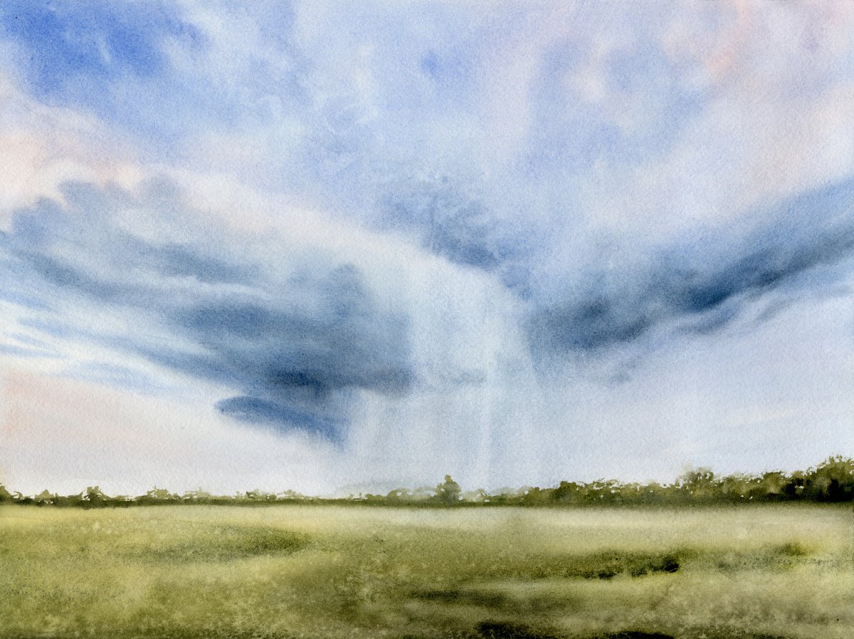 Impressionistic Landscape Watercolour By Tetiana Koda, 15 X 11", The Sky Before The Storm, Original Artwork