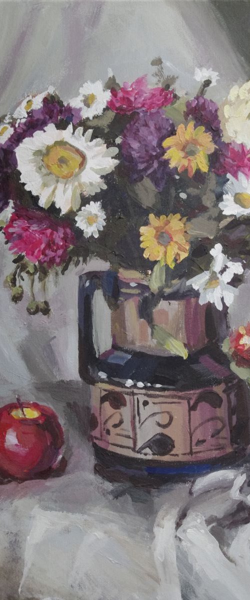 Floral still life with apple. --- (Gift idea, original acrylic painting, bunch of flowers in vase with red fruit. Ready to hung gallery wrapped.) by Mag Verkhovets