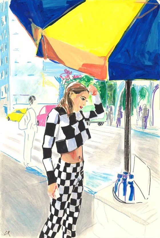 Woman Under Blue and Yellow Umbrella