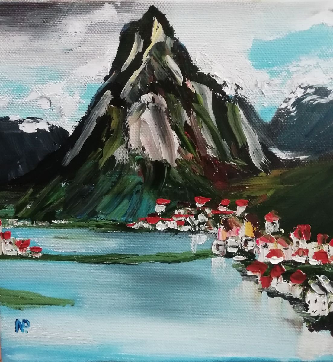 Bergen, original small landscape painting, gift idea, wall art by Nataliia Plakhotnyk