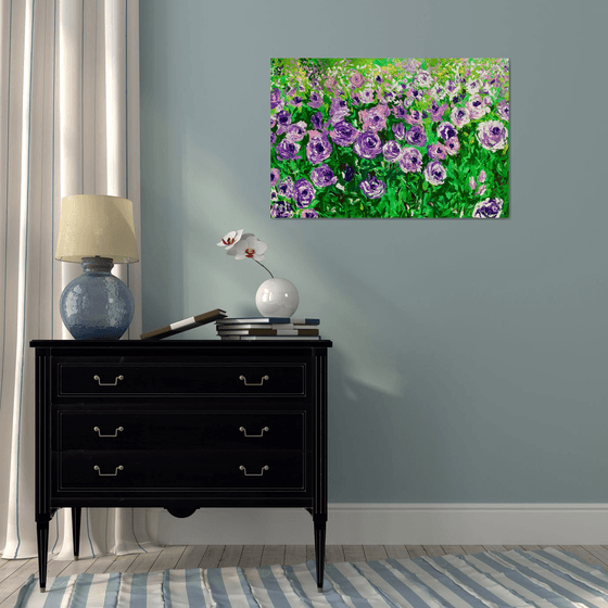 FIELD OF PURPLE PINK WHITE  ROSES  palette knife modern decor MEADOW OF FlOWERS, LANDSCAPE,  office home decor gift