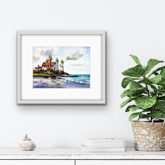 Lighthouse on the beach  watercolor painting with sea , waves and lighthouse , decor for living room, gift for sea lovers