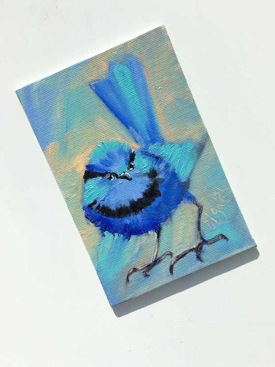 Blue bird n1, miniature original oil painting.