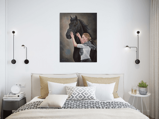 Girl with her Friesian Horse (Original Oil Painting, 100% Handmade)